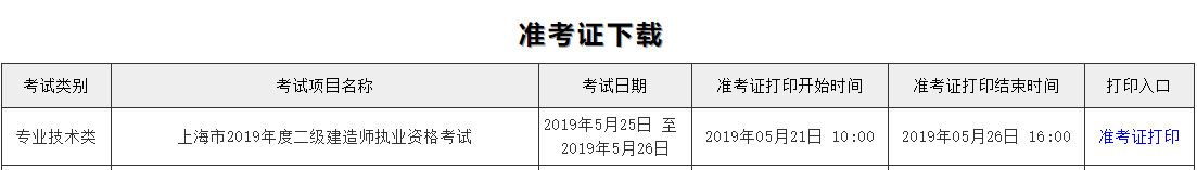 2019上海二级建造师准考证打印入口