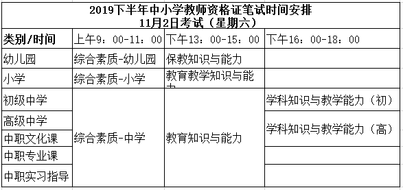 重庆教师资格证笔试时间安排
