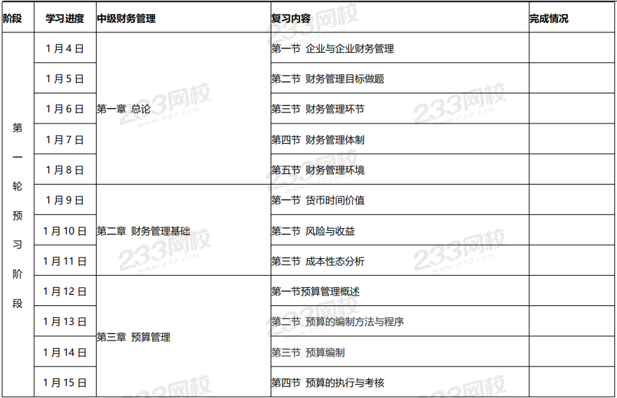 中级财务管理预习计划表