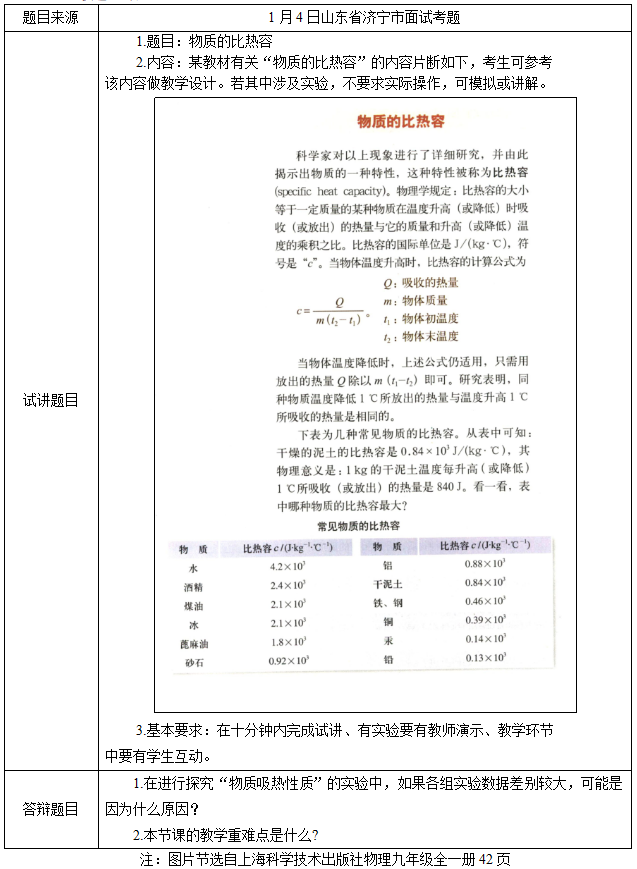 初中物理教师资格证面试真题及答案：物质的比热容