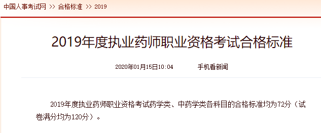 中国人事考试网：2019年度执业药师职业资格考试合格标准