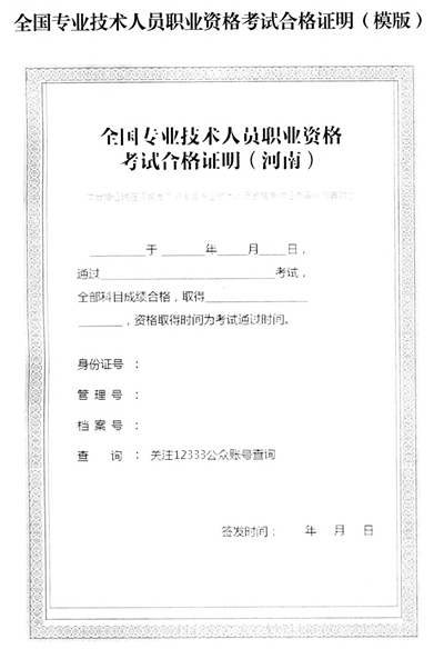 河南省全国专业技术人员职业资格考试合格证明（模板）
