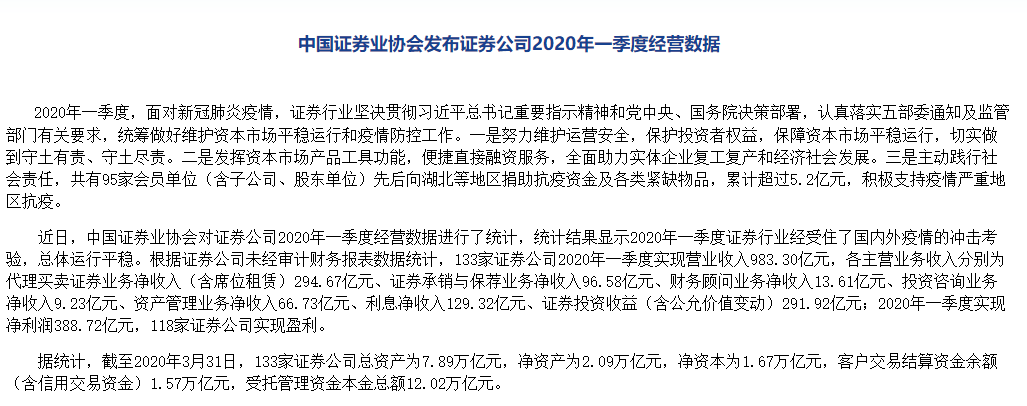 券商2020年第一季度经营数据